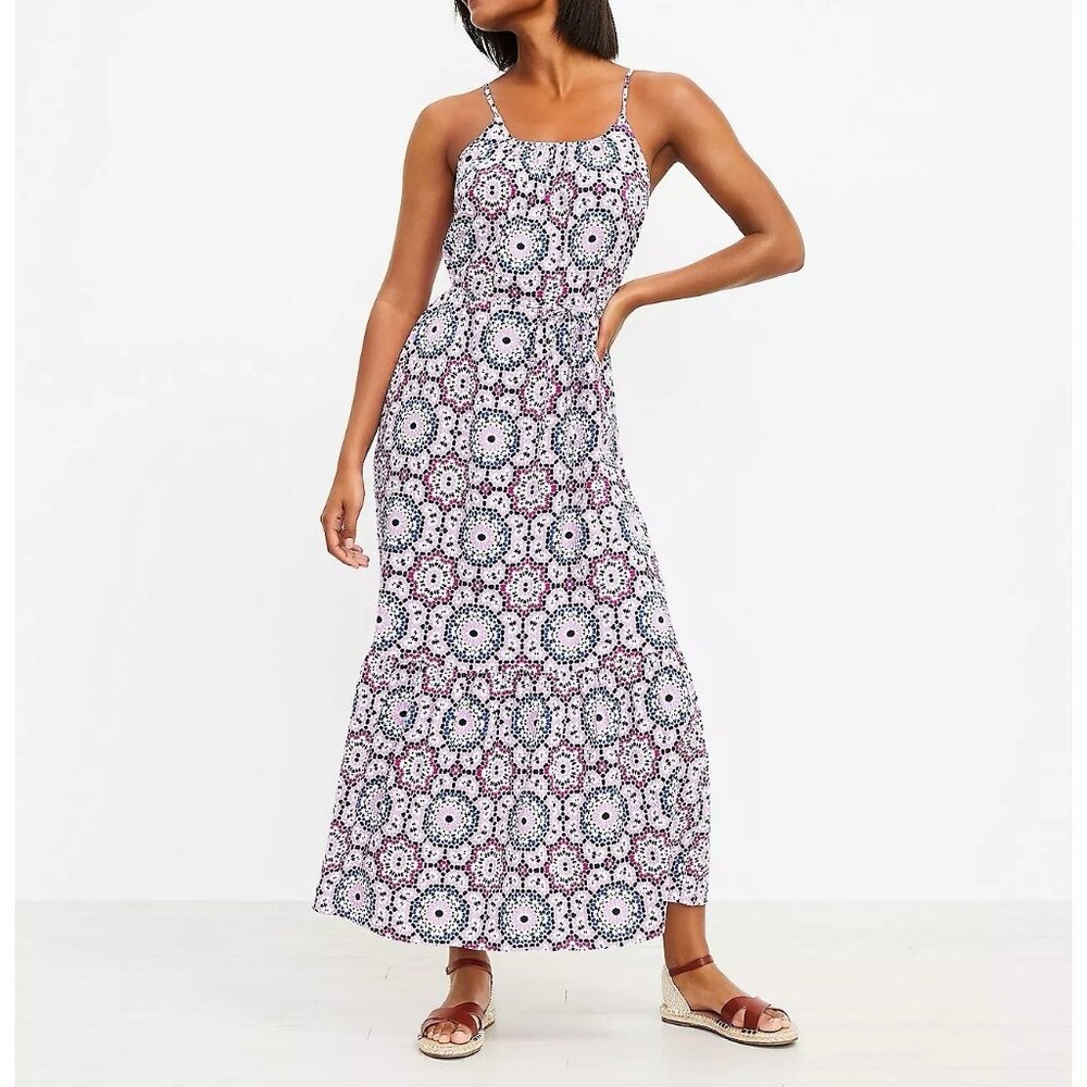 Geo Strappy Flounce Maxi Dress Linen Viscose Size M Loft
